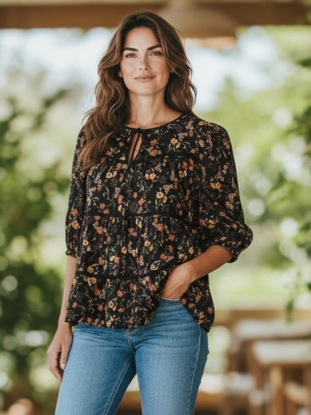 Old Navy Black Floral Peasant Blouse- Large